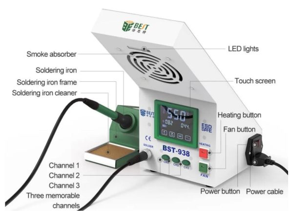 BEST 938 yeni 220V 110V 3 in 1 LED ışık dokunmatik ekran lehimleme duman emici havya istasyonu - Görsel 3