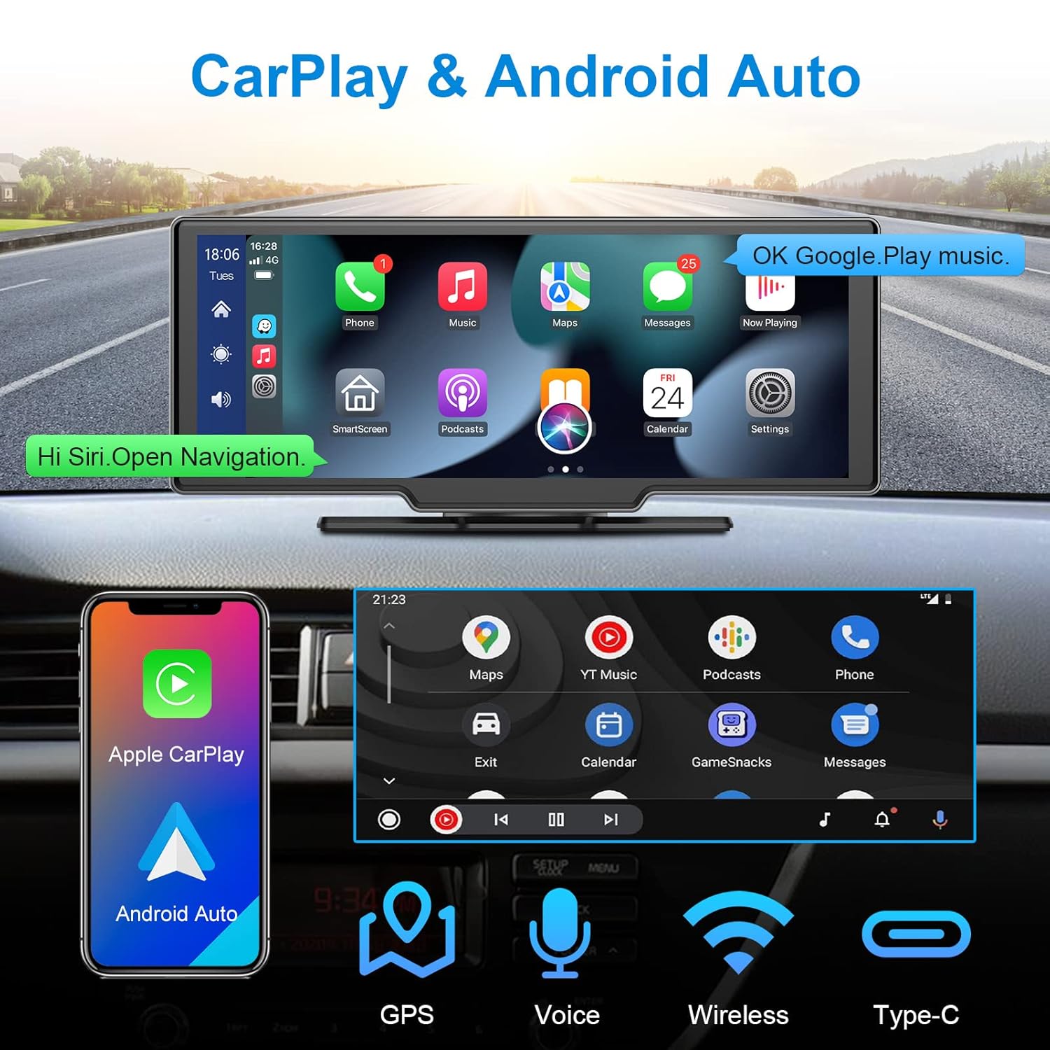 1-01AXO AAA Taşınabilir Araba Radyosu, Kablosuz Carplay ve Android Otomobil, Ön Kamera, Geri Sürüş Kamerası, IPS Dokunmatik Ekran, Döngü Kayıt, Otomobil ve Kamyon için Dijital Medya Alıcısı, 64G