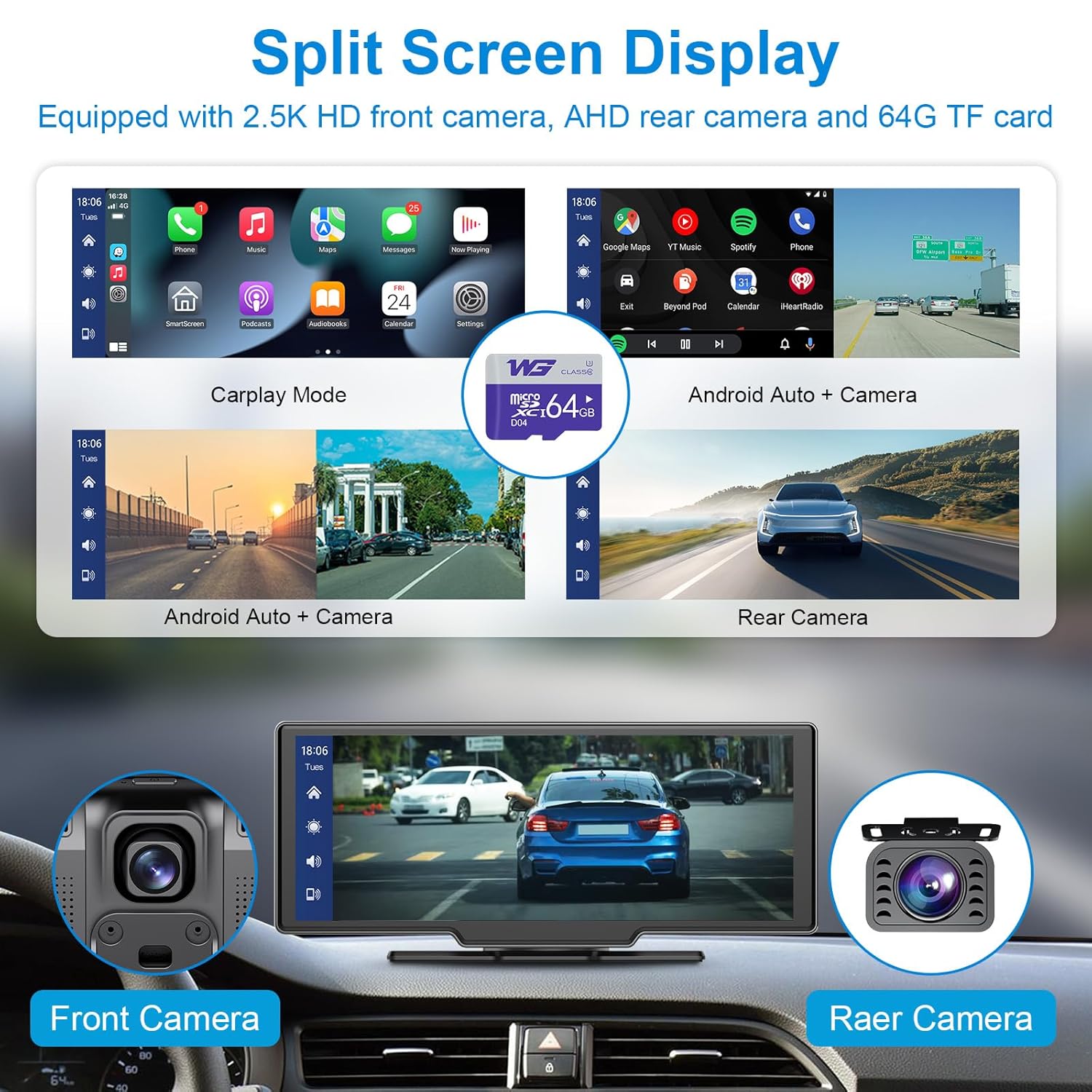 1-01AXO AAA Taşınabilir Araba Radyosu, Kablosuz Carplay ve Android Otomobil, Ön Kamera, Geri Sürüş Kamerası, IPS Dokunmatik Ekran, Döngü Kayıt, Otomobil ve Kamyon için Dijital Medya Alıcısı, 64G - Görsel 3