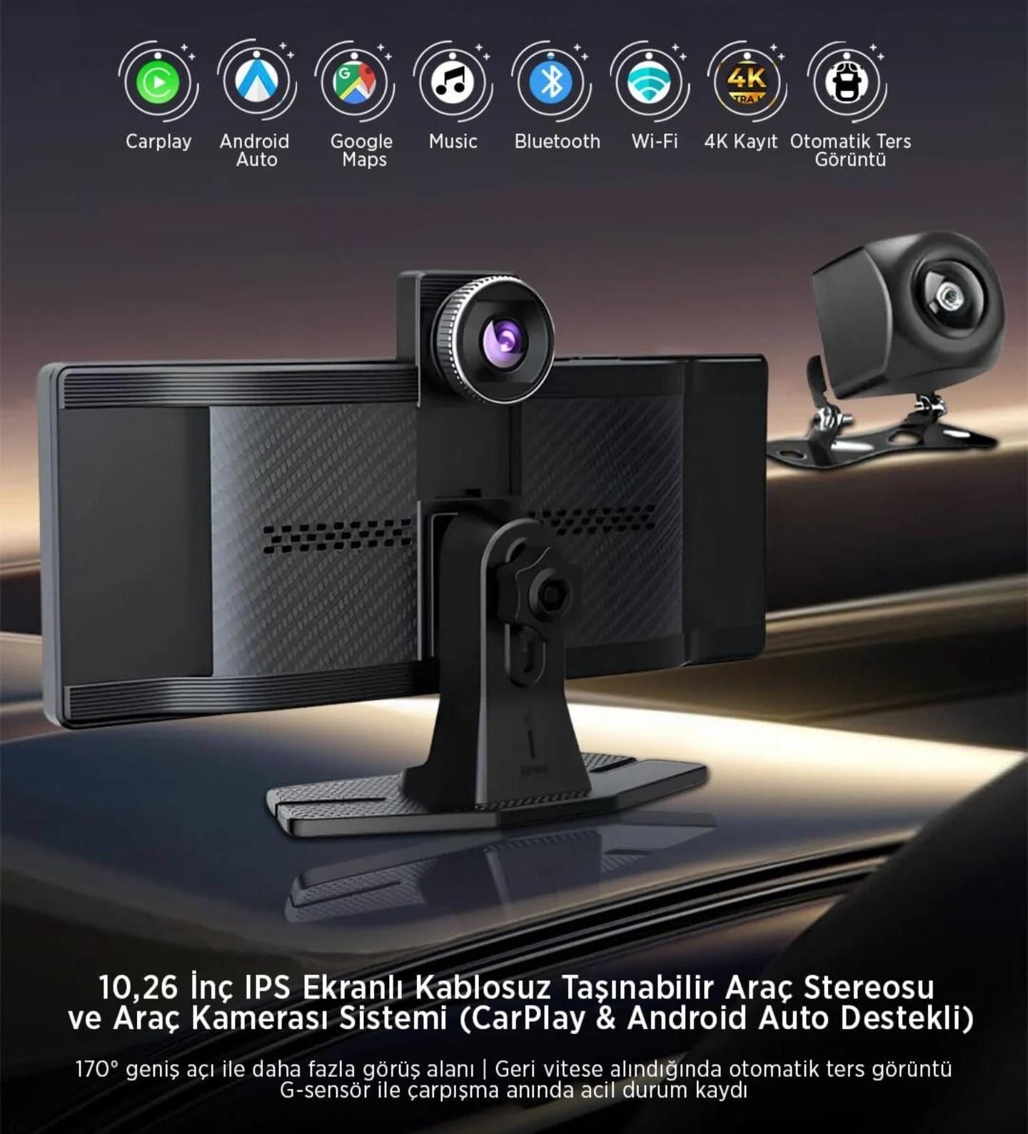1-01AXO AAA KAMERALI Kablosuz CarPlay & Android Auto Araç Kamerası | 4K Ön + 1080P Arka Kamera | FM & Bluetooth Destekli - Görsel 5