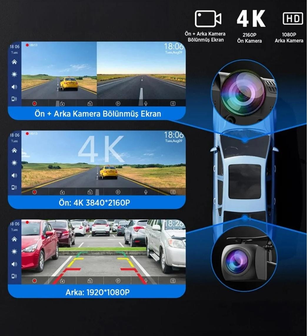 1-01AXO AAA KAMERALI Kablosuz CarPlay & Android Auto Araç Kamerası | 4K Ön + 1080P Arka Kamera | FM & Bluetooth Destekli - Görsel 4