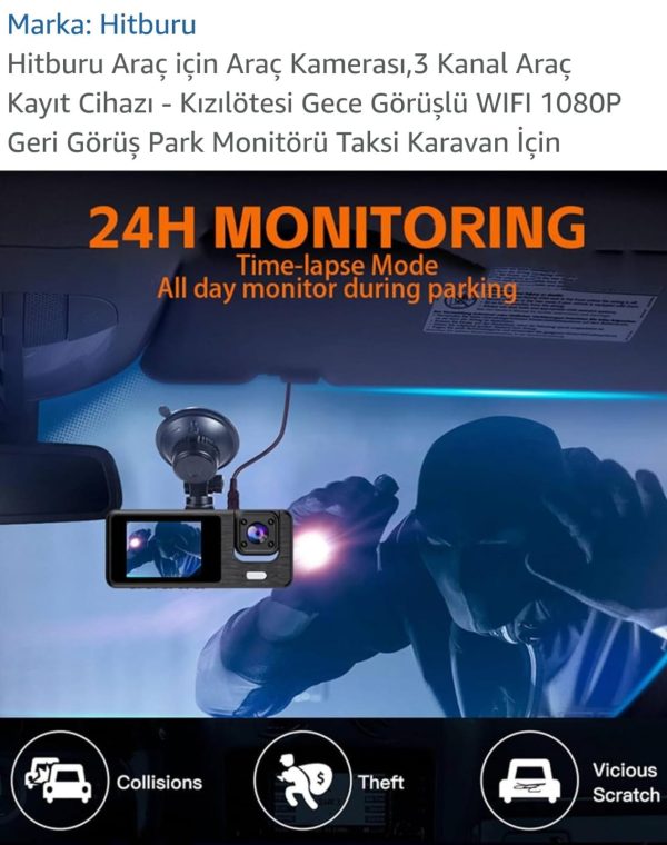 1-01AXO HD 1080P Full HD FHD GECE GÖRÜŞ 3 CAMERA  DÖNGÜ KAYDI G-SENSOR RECORDİNG 3,0HD DİSPLAY REAR VİEW - Görsel 3