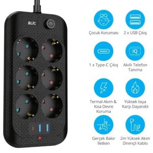 10-2 6LI AKIM KORUMALI  PRİZ 2X USB 1X TYPE-C