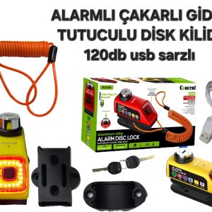 ALARMI SARZLI IŞIKLIDİSK KİLİTİ 120DB SU GEÇİRMEZ 7 KİLİT PİMLİ GİDON TUTACAKLI UYARI İPLİ